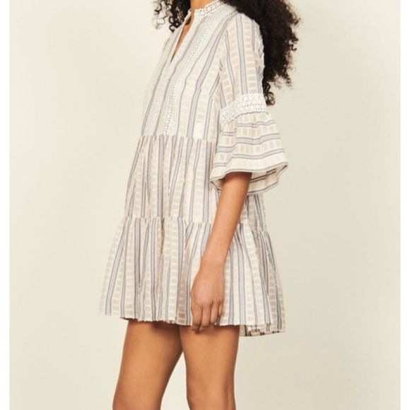 SANDRO • Ecru/White/Navy Stephanie Stripe Boho Lace-Trim Tiered Mini Dress, S - Picture 3 of 16